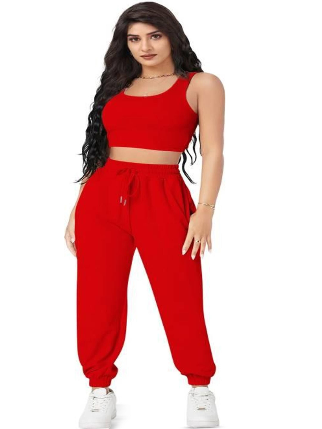 

Wonkey Pure Cotton Crop Top With Joggers, Red