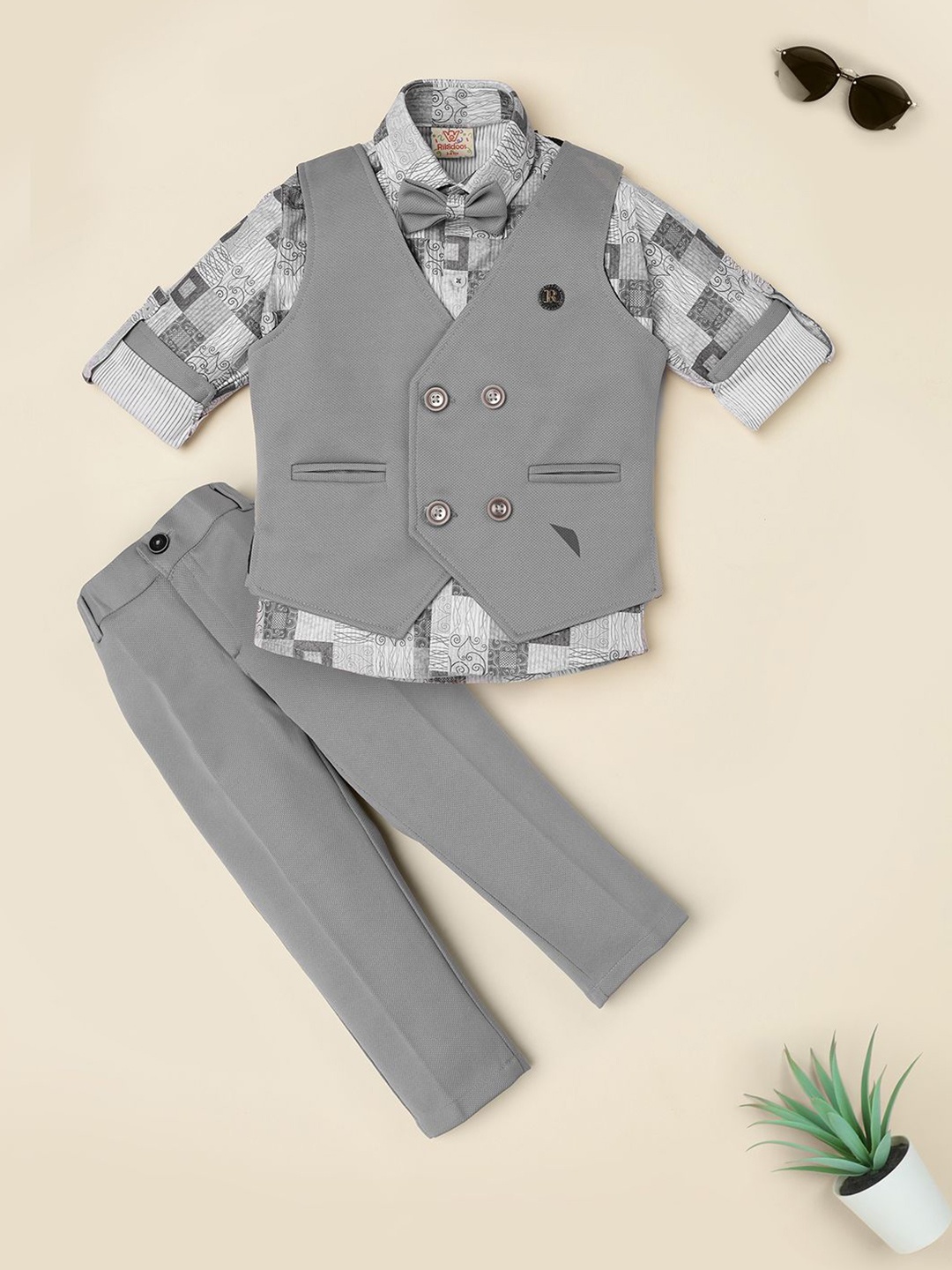 

Ridokidz Boys Double-Breasted Waistcoat and Trousers With Shirt 3-Piece Suit, Grey