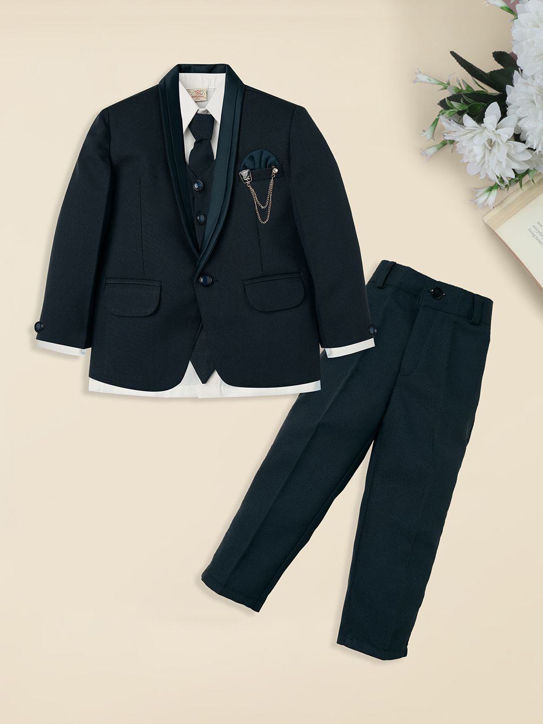 

Ridokidz Boys Shawl Collar Single-Breasted Blazer and Waistcoat with Trousers 4-Piece Suit, Green