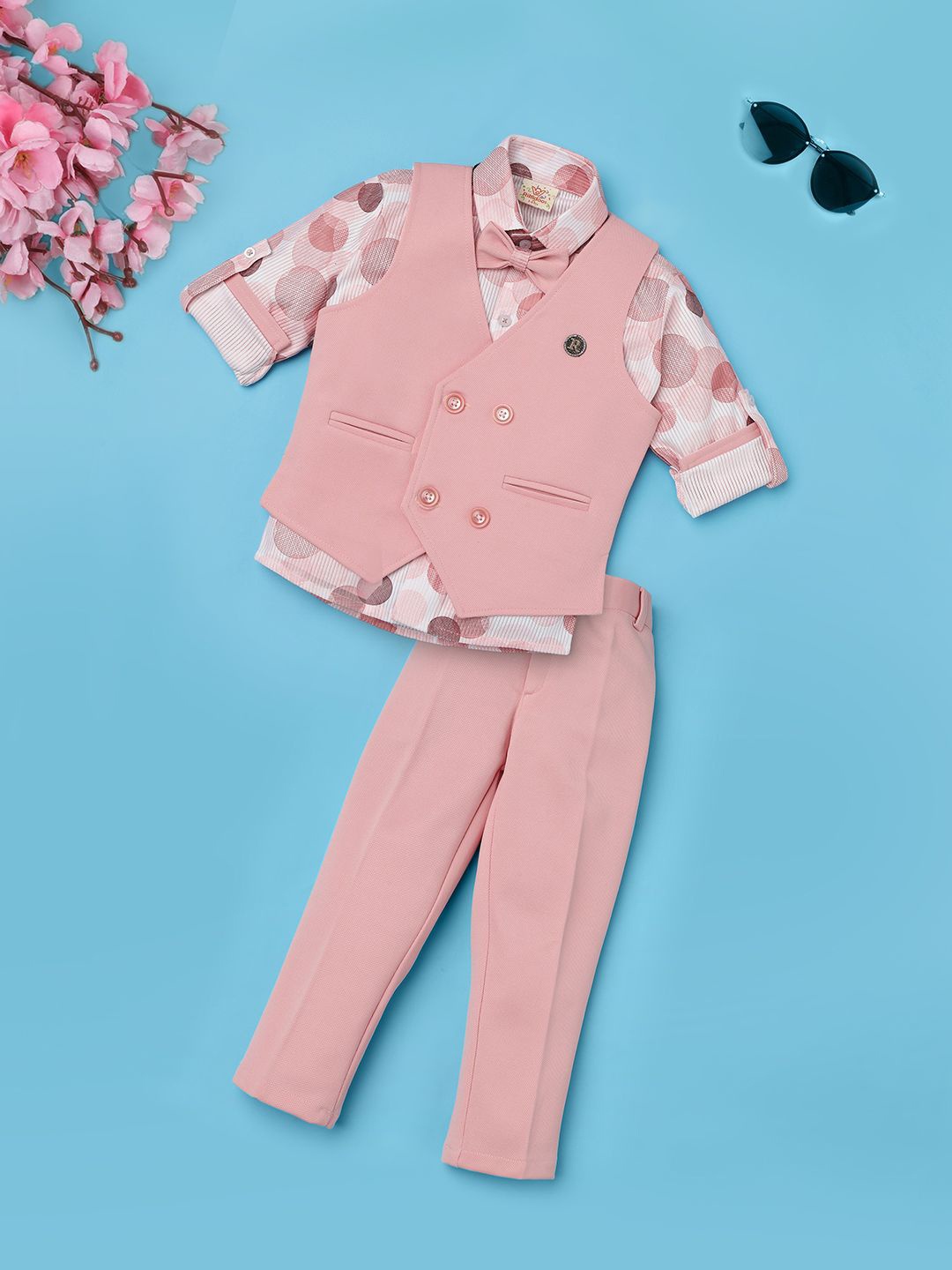 

Ridokidz Boys Double-Breasted Waistcoat and Trousers With Shirt 3-Piece Suit, Pink