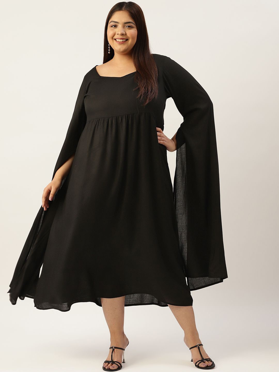 

theRebelinme Women Plus Size Sweetheart Neck Extended Sleeves Fit and Flare Midi Dress, Black
