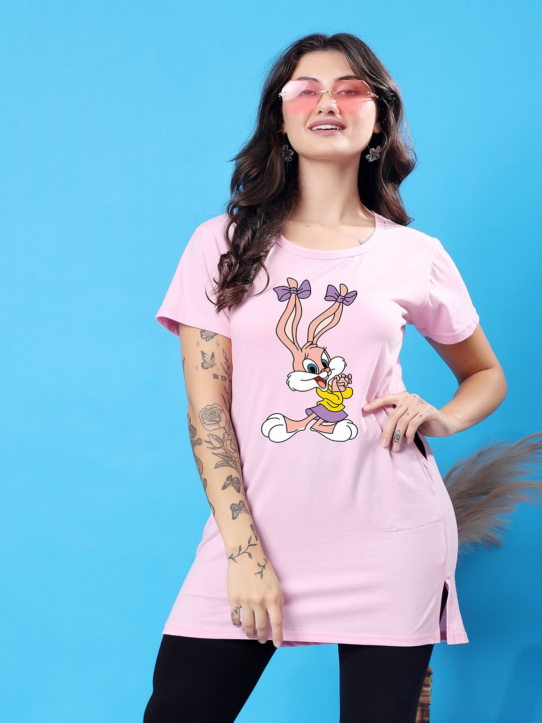 

SWIFTLY Women Bio Finish Graphic Printed Round Neck Cotton Bugs Bunny T-shirt, Pink