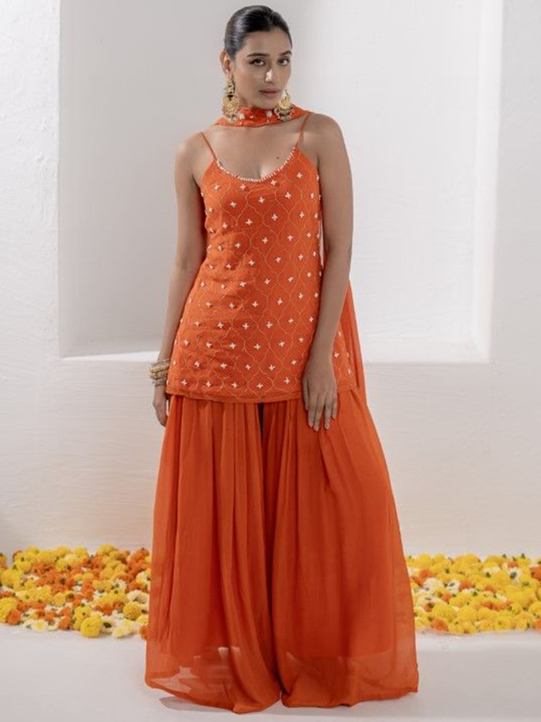 

HOUSE OF MIRA Embroidered Beads and Stones Kurti with Palazzos & Dupatta, Orange