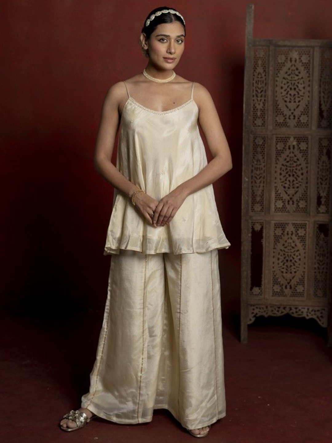 

HOUSE OF MIRA Shoulder Straps Pure Silk Kurti with Palazzos, Off white