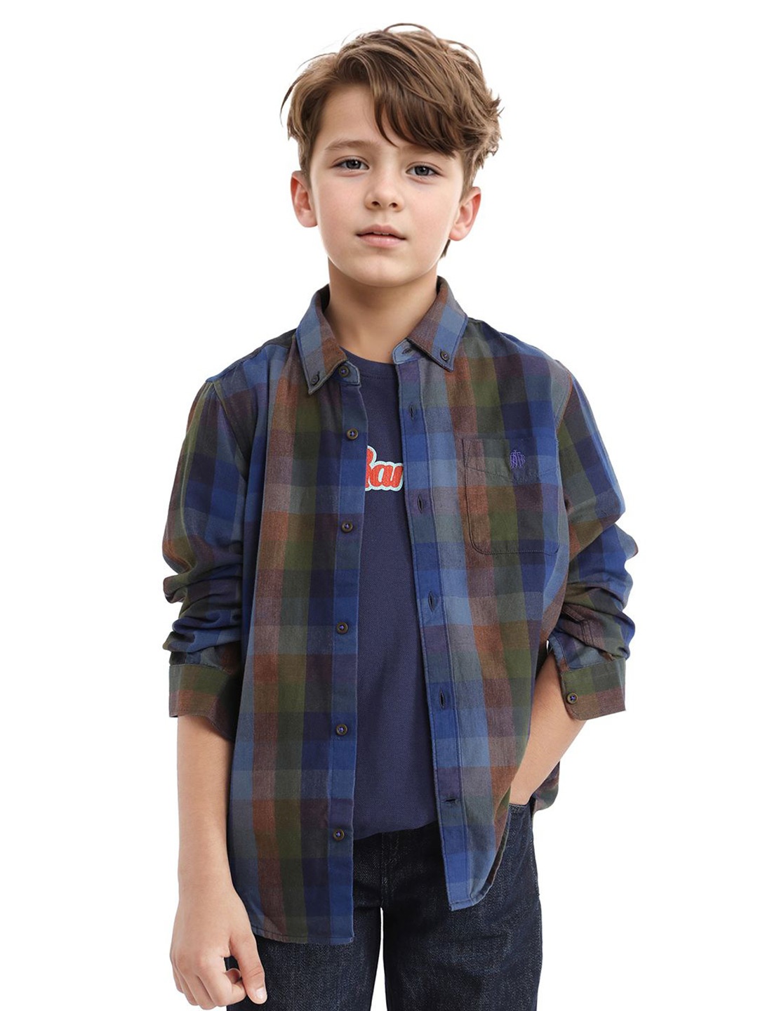 

RARE ONES Boys Button-Down Collar Checked Cotton Casual Shirt, Blue