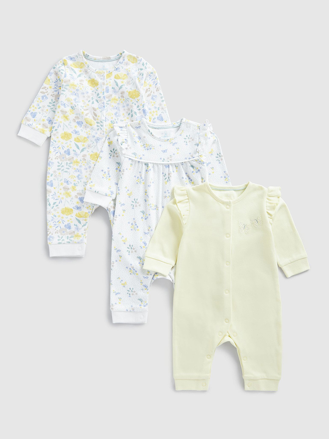 

mothercare Girls Pack Of 3 Printed Cotton Rompers, Yellow