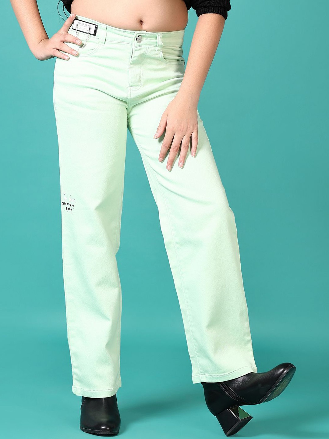 

V-Mart Girls Mid-Rise Low Distress Light Fade Stretchable Jeans, Green