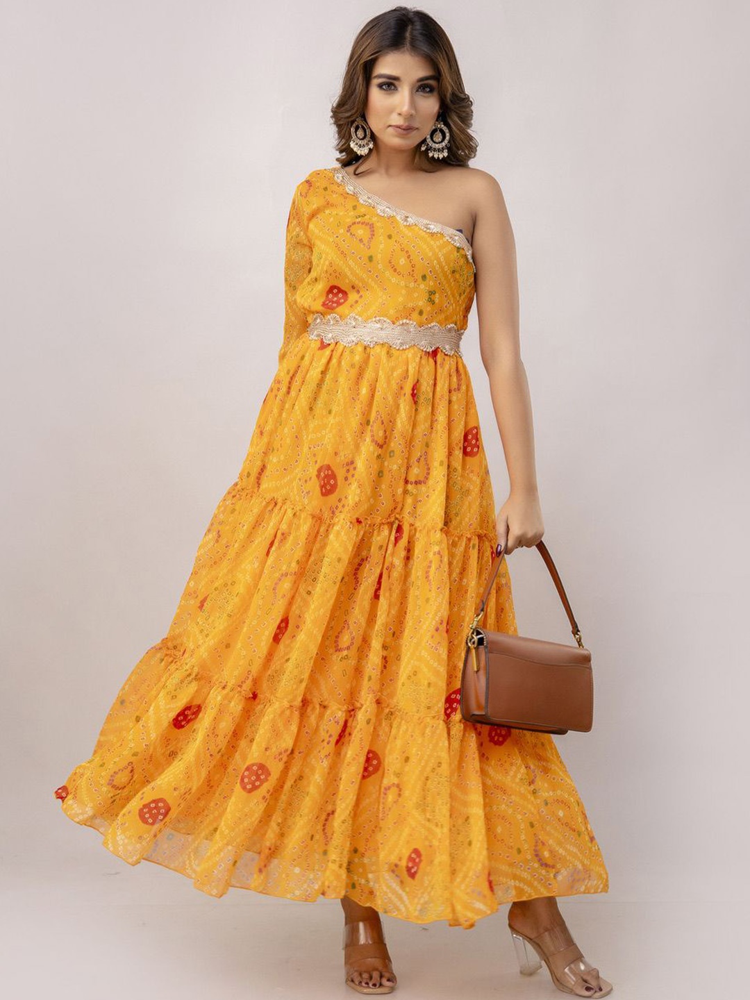 

Mirayaz Bandhni Printed One Shoulder Fit and Flare Tiered Maxi Dress, Yellow