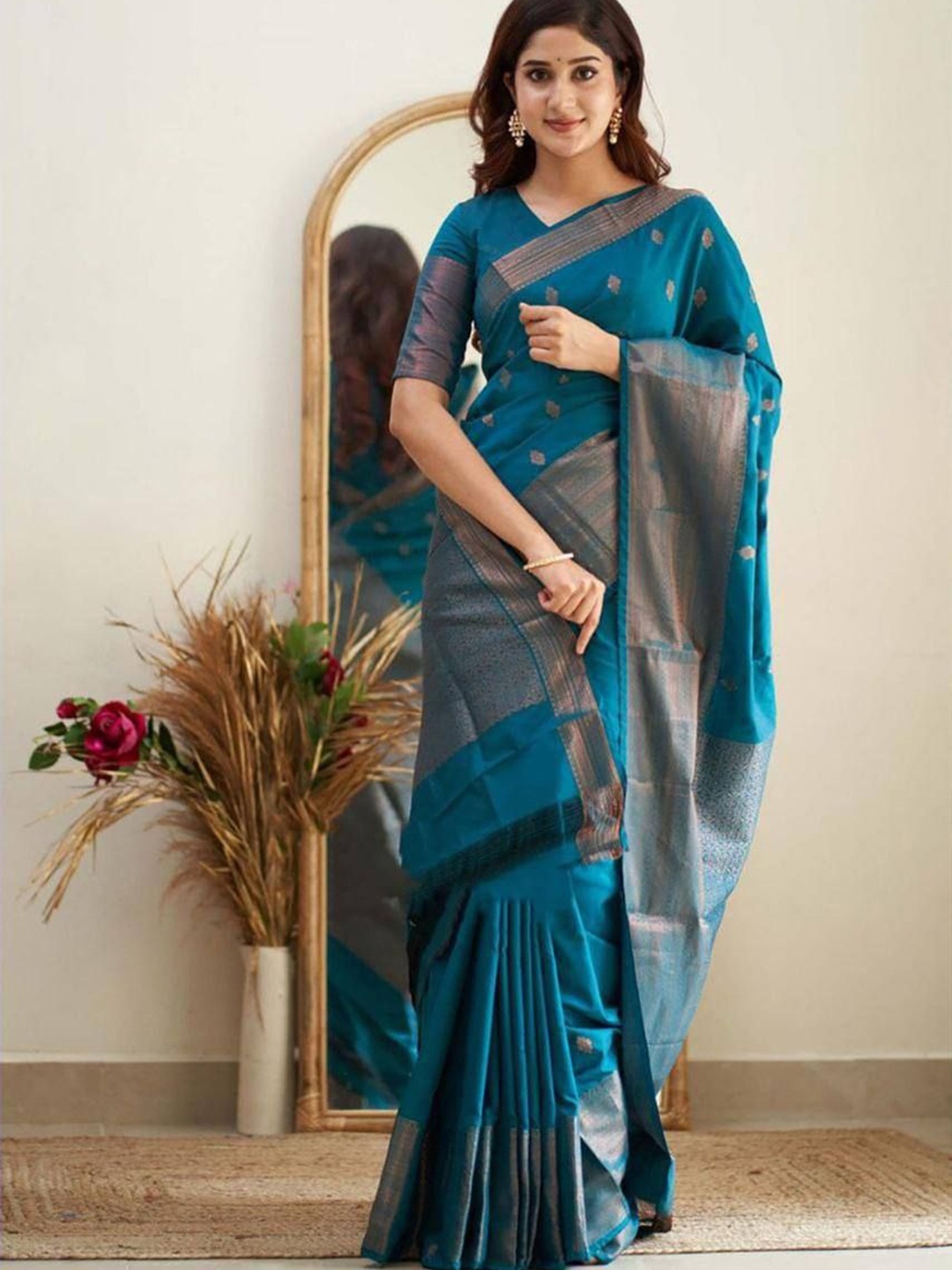 

KALINI Woven Design Ethnic Motifs Zari Banarasi Saree, Turquoise blue