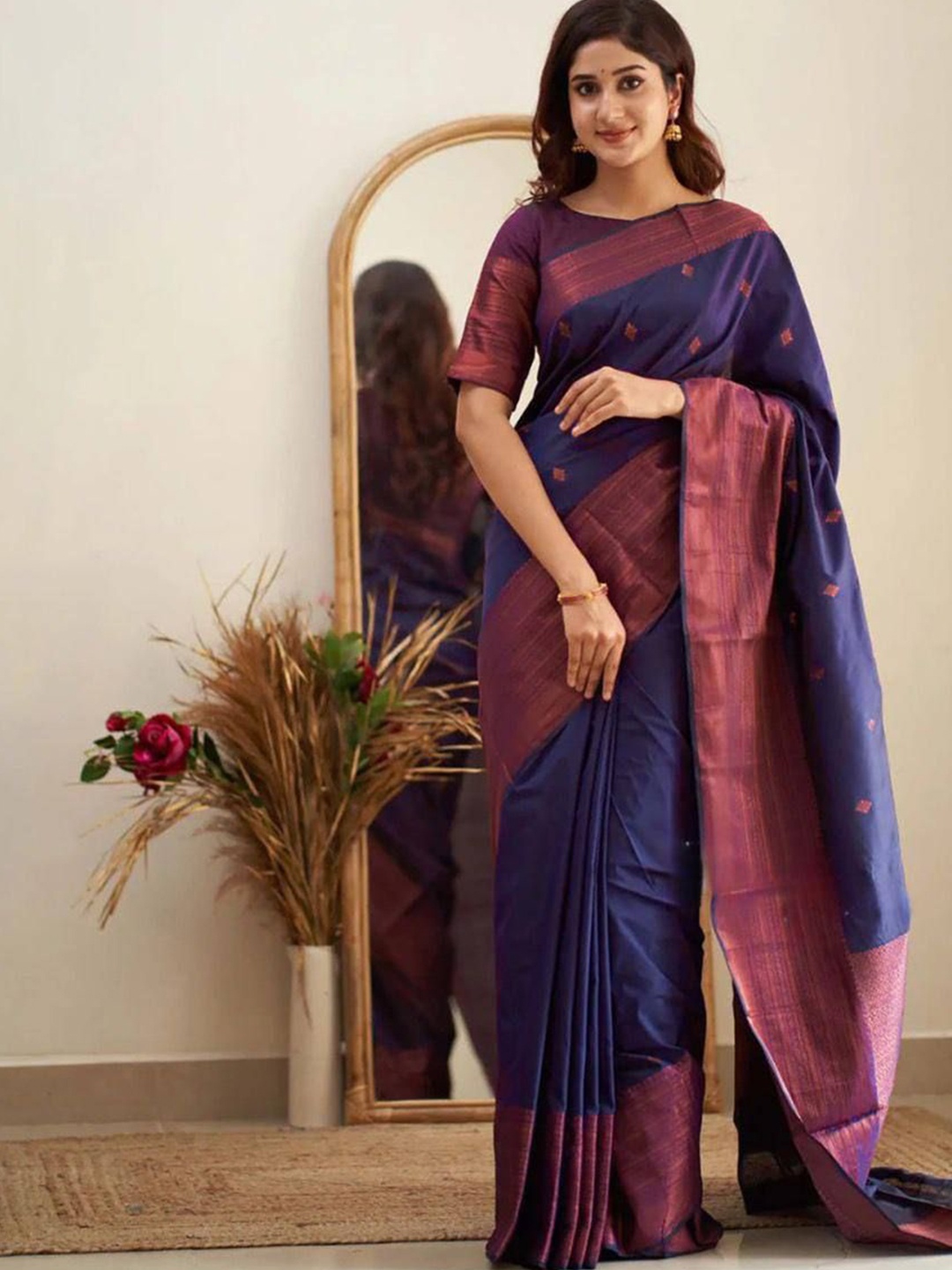 

KALINI Woven Design Ethnic Motifs Zari Banarasi Saree, Navy blue