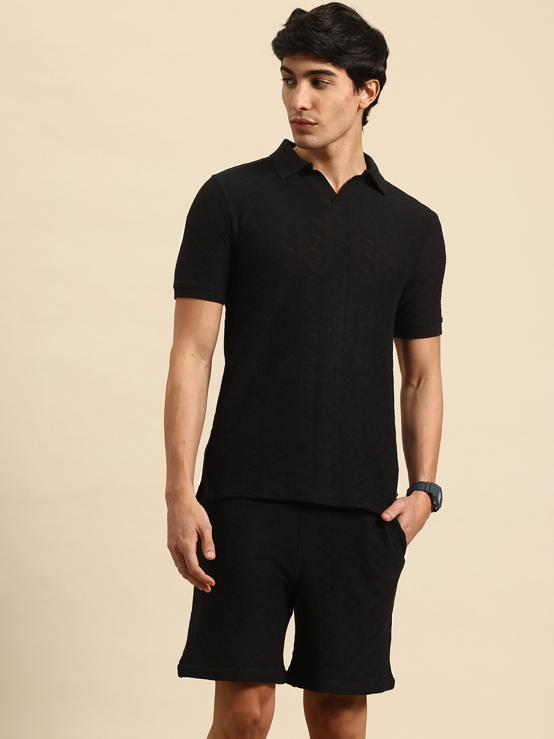 

ARMISTO Textured Crochet Knit T-shirt and Shorts Co-Ord Set, Black