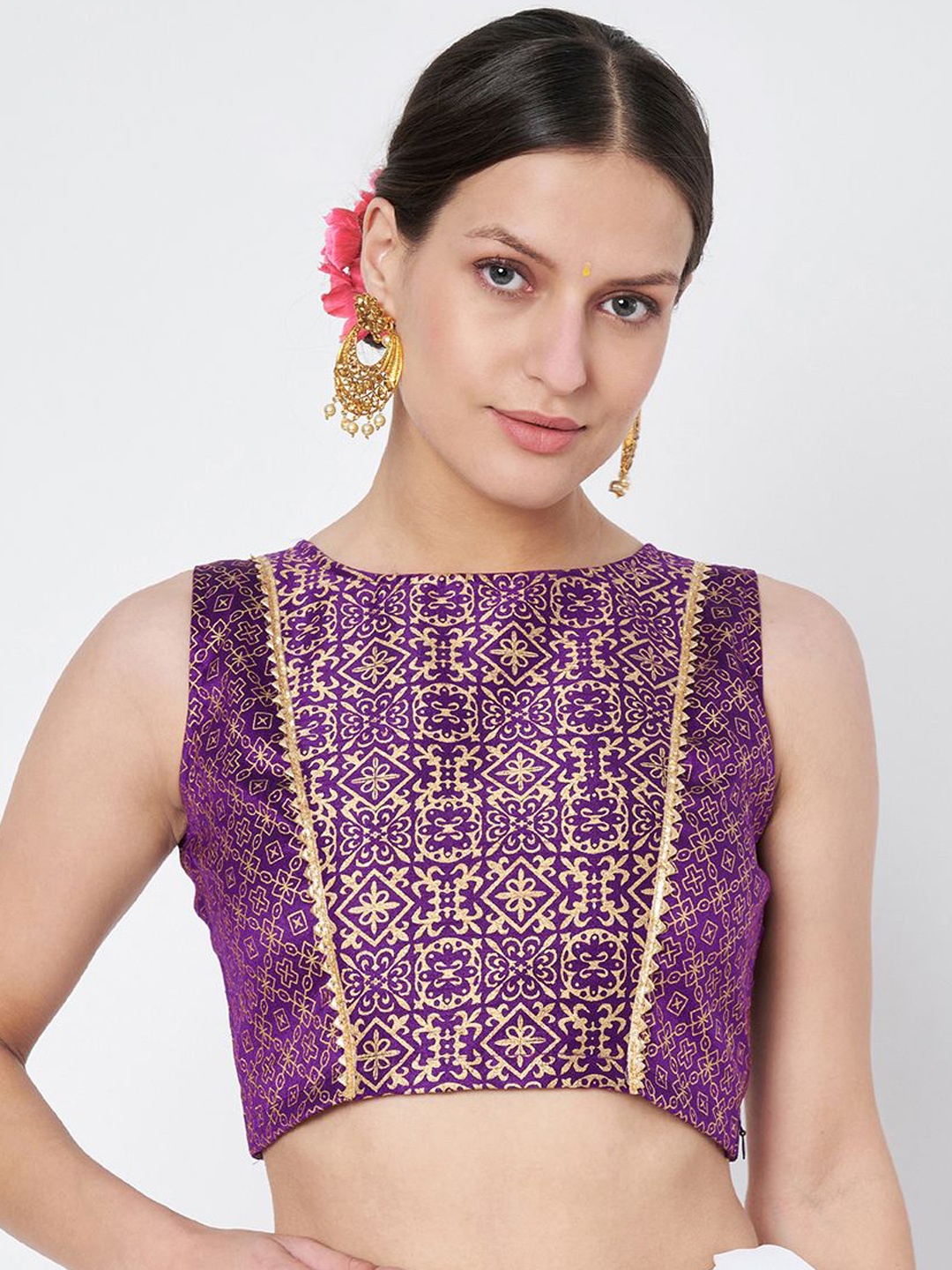 

studio rasa Hand Block Printed Saree Blouse, Purple