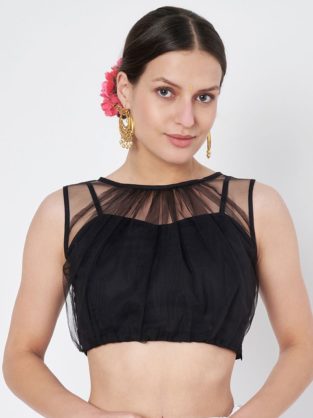 

studio rasa Women Gathered Sleeveless Saree Blouse, Black