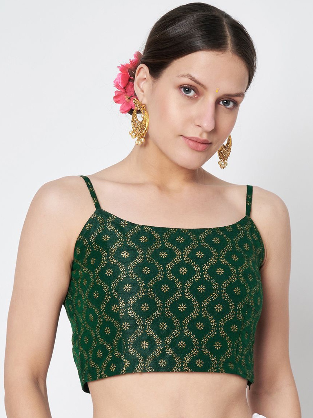 

studio rasa Women Hand Block Printed Spaghetti Saree Blouse, Green