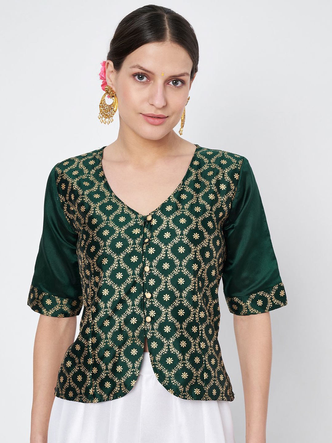 

studio rasa Women Block Printed Button Down Saree Blouse, Green