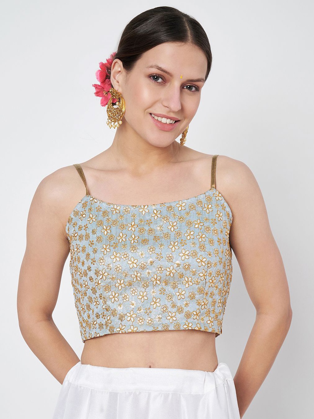studio rasa Women Floral Embroidered Crop Top, Grey