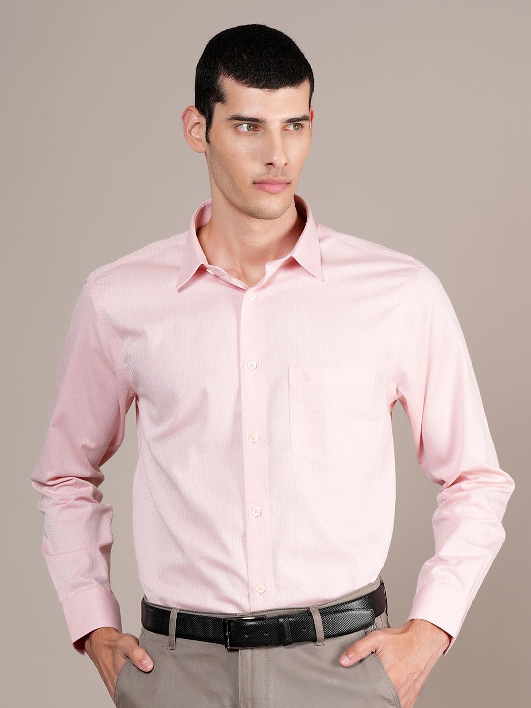 

Cantabil Men Spread Collar Micro Ditsy Printed Cotton Formal Shirt, Pink