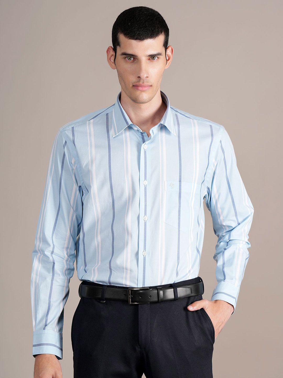 

Cantabil Men Spread Collar Vertical Striped Cotton Formal Shirt, Blue