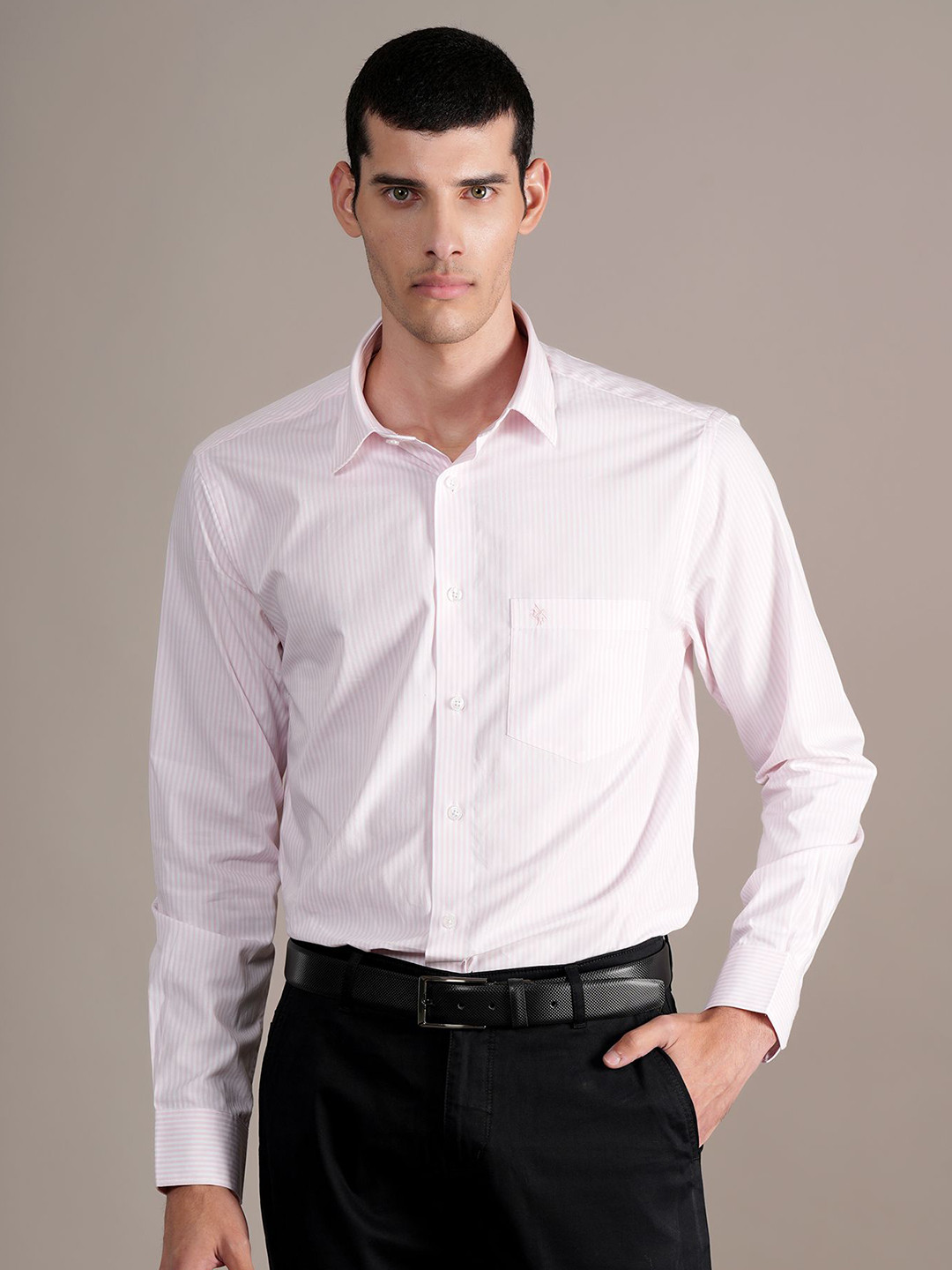 

Cantabil Men Spread Collar Vertical Striped Cotton Formal Shirt, Pink