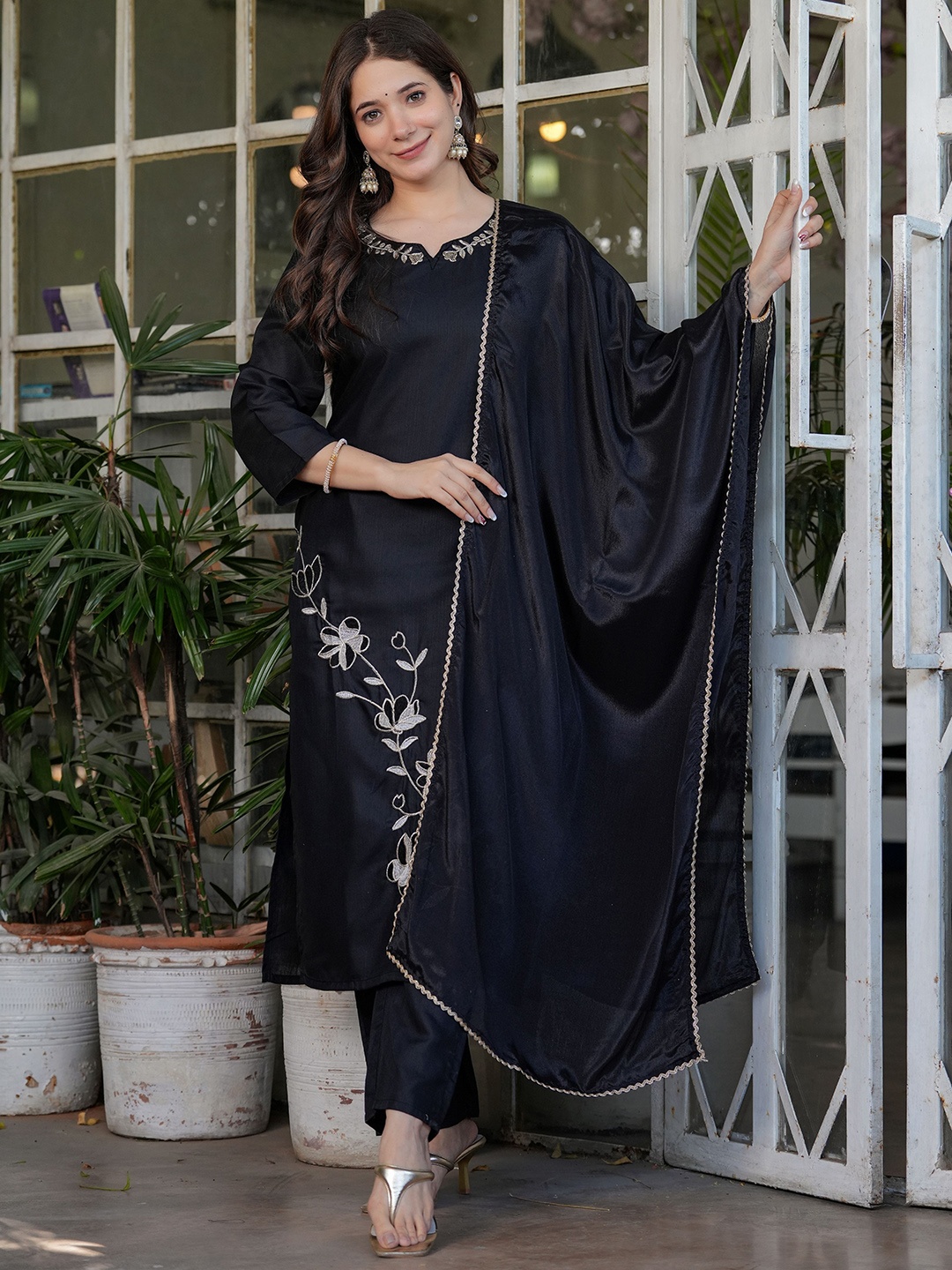 

KALINI Floral Embroidered Thread Work Kurta with Trouser & Dupatta, Black