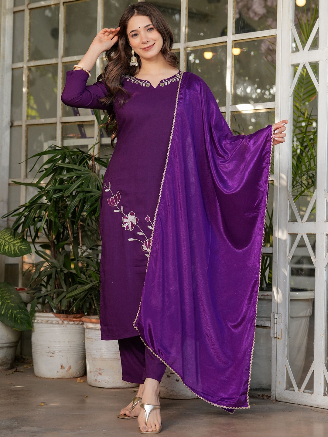 

KALINI Notch Neck Floral Embroidered Thread Work Straight Kurta With Trousers & Dupatta, Purple