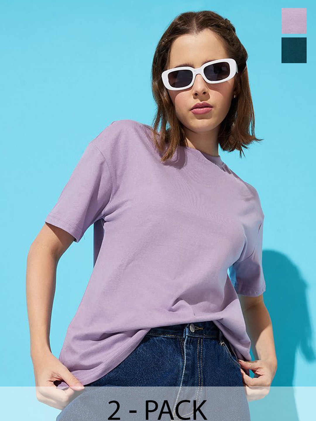 

The Roadster Lifestyle Co. Women Pack Of 2 Solid Round Neck Cotton Relaxed Fit T-shirts, Lavender