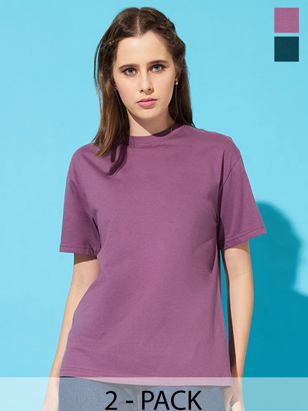 

The Roadster Lifestyle Co. Women Pack Of 2 Solid Round Neck Cotton T-shirts, Olive