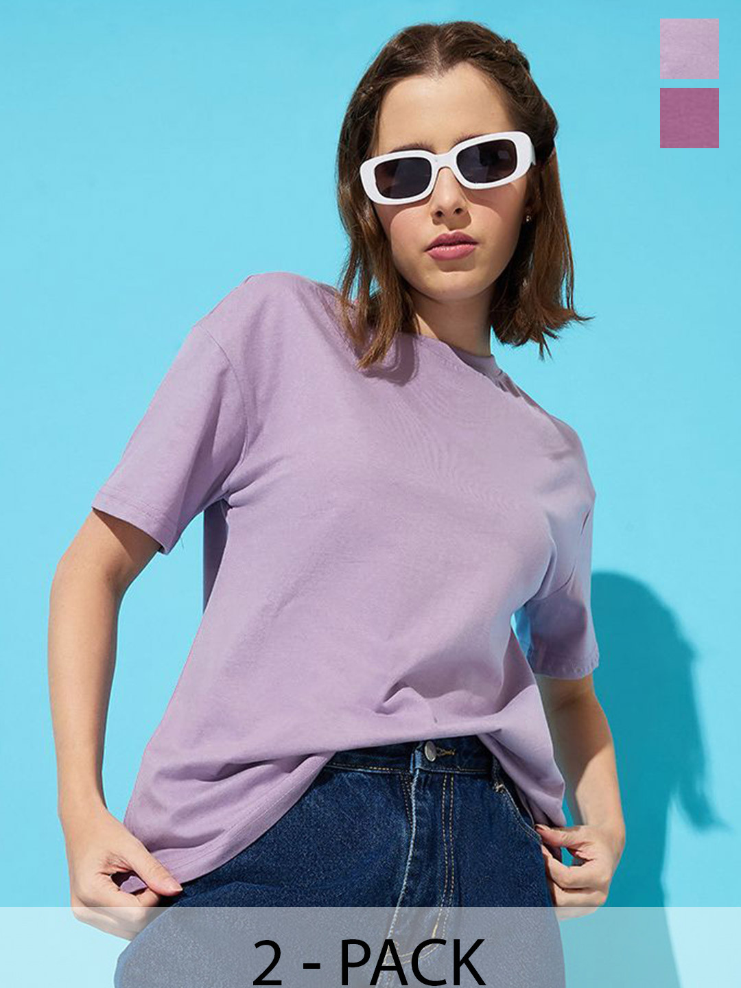 

The Roadster Lifestyle Co. Women Pack Of 2 Solid Round Neck Cotton Relaxed Fit T-shirts, Purple