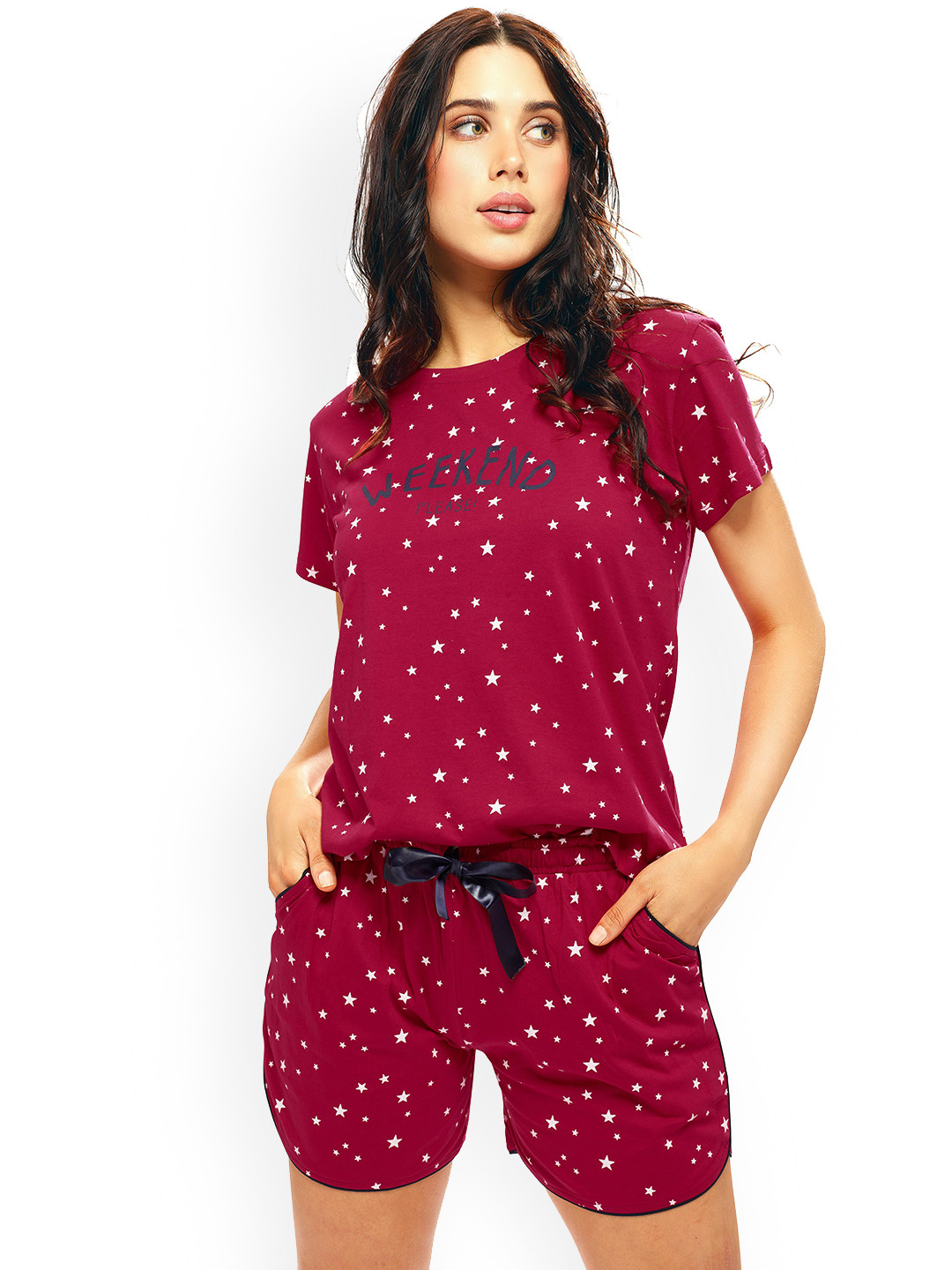 

Lotik Women Printed Round Neck Night suit, Maroon