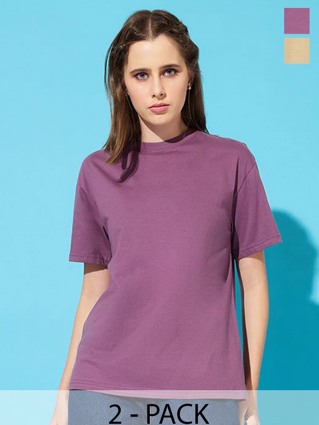 

The Roadster Lifestyle Co. Women Pack Of 2 Solid Round Neck Cotton Relaxed Fit T-shirts, Purple