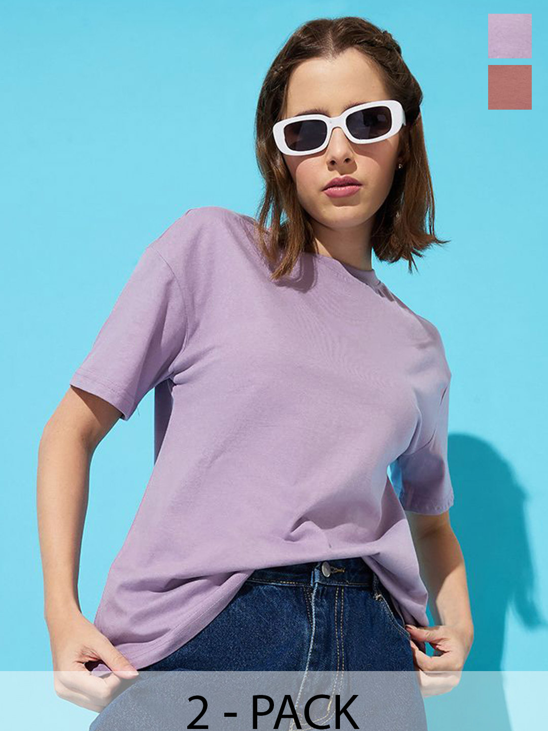 

The Roadster Lifestyle Co. Women Pack Of 2 Solid Round Neck Cotton Relaxed Fit T-shirts, Mauve