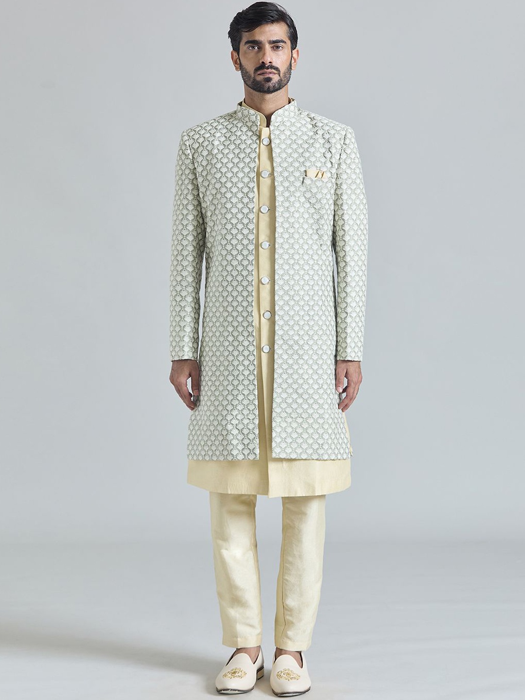 

Aryavir Malhotra Men Pure Silk Embroidered Phool Crest Sherwani Set, Cream