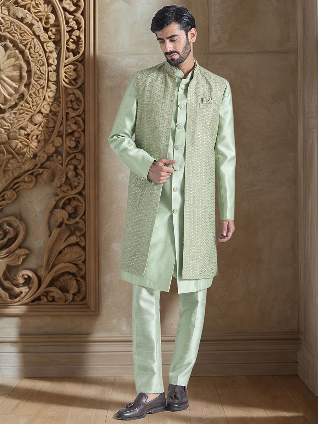 

Aryavir Malhotra Men Embroidered Pure Silk Mandarin Collar Sherwani Set, Green