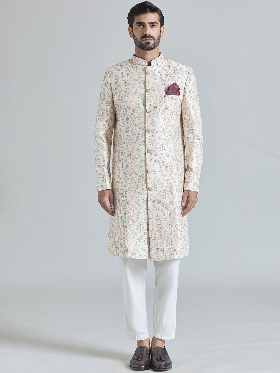 

Aryavir Malhotra Men Embroidered Gardenia Pure Silk Sherwani Set, Cream