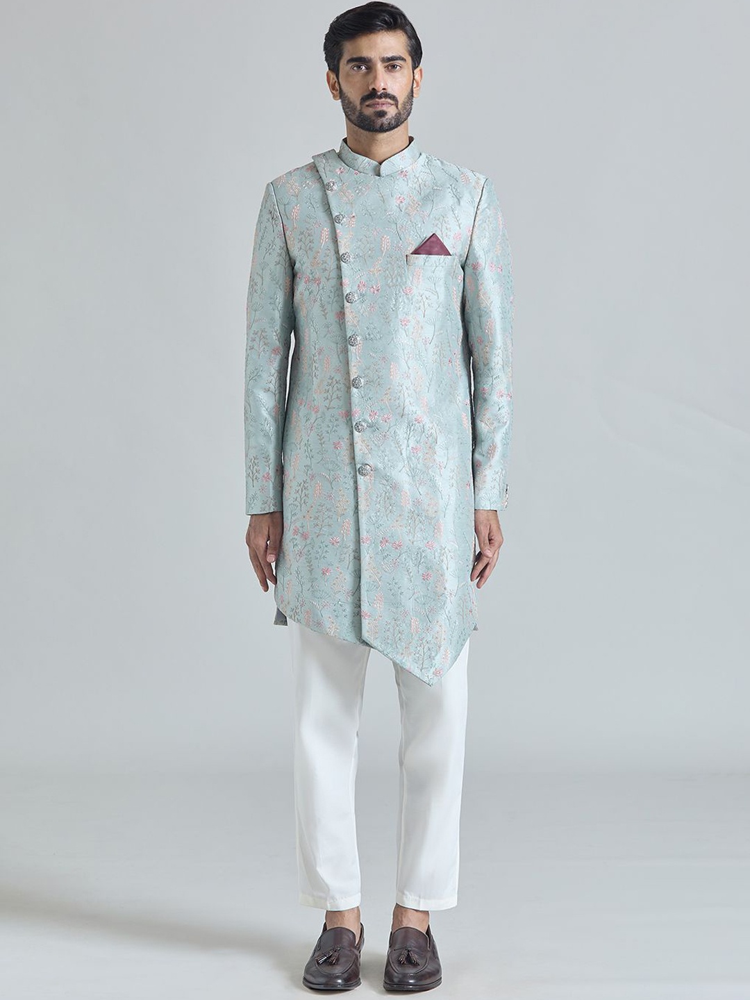 

Aryavir Malhotra Men Pure Silk Embroidered Blossom Asymmetric Sherwani, Blue