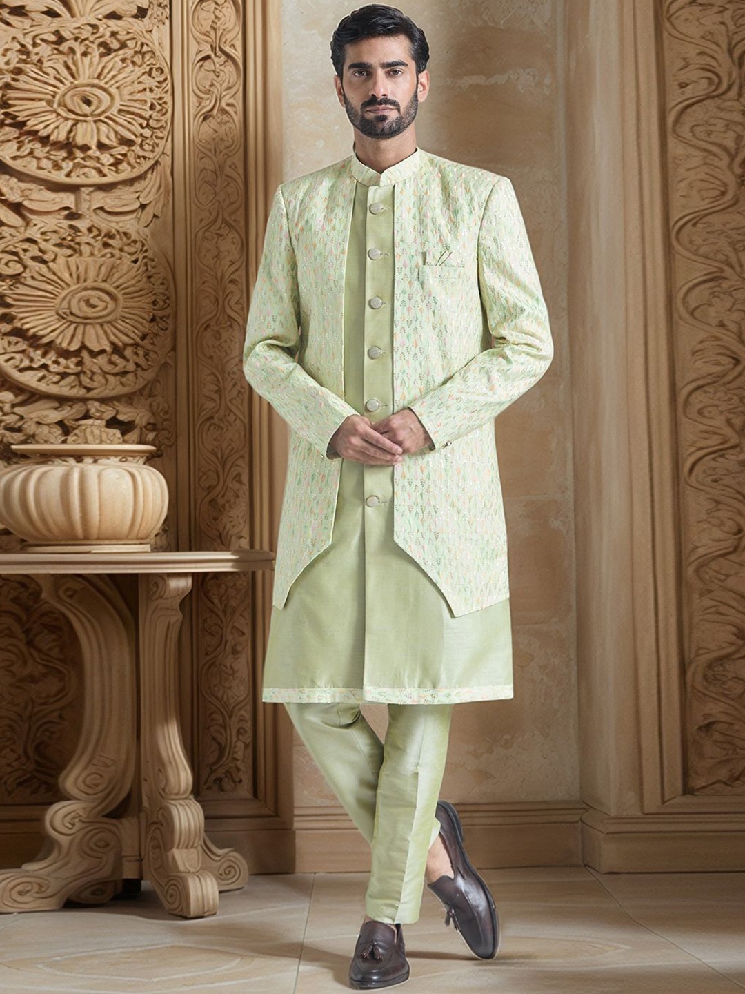

Aryavir Malhotra Men Pure Silk Embroidery Layered Sherwani With Pant, Green