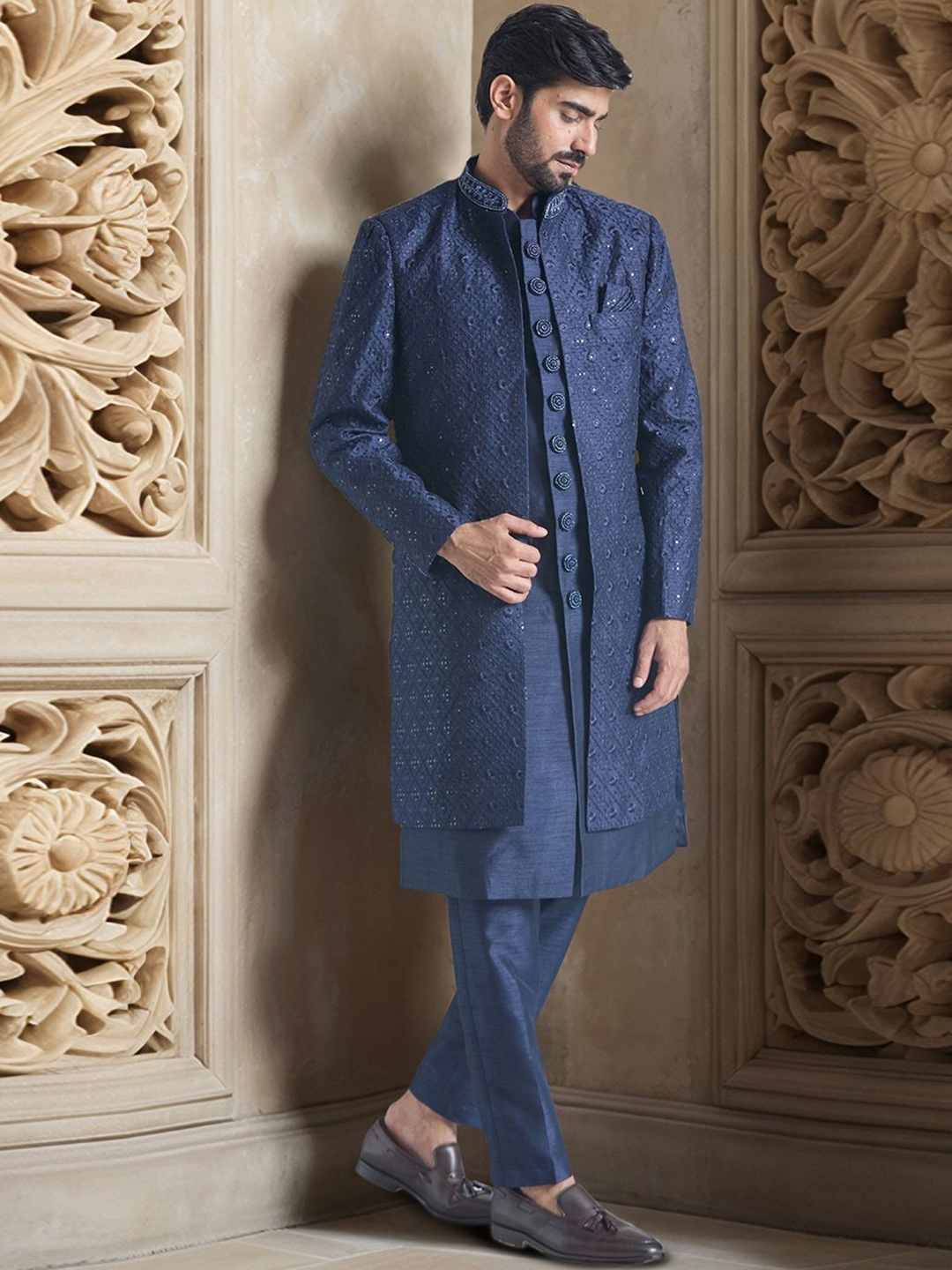 

Aryavir Malhotra Men Embroidered Bloom Mahal Sherwani Jacket & Pant Set, Blue