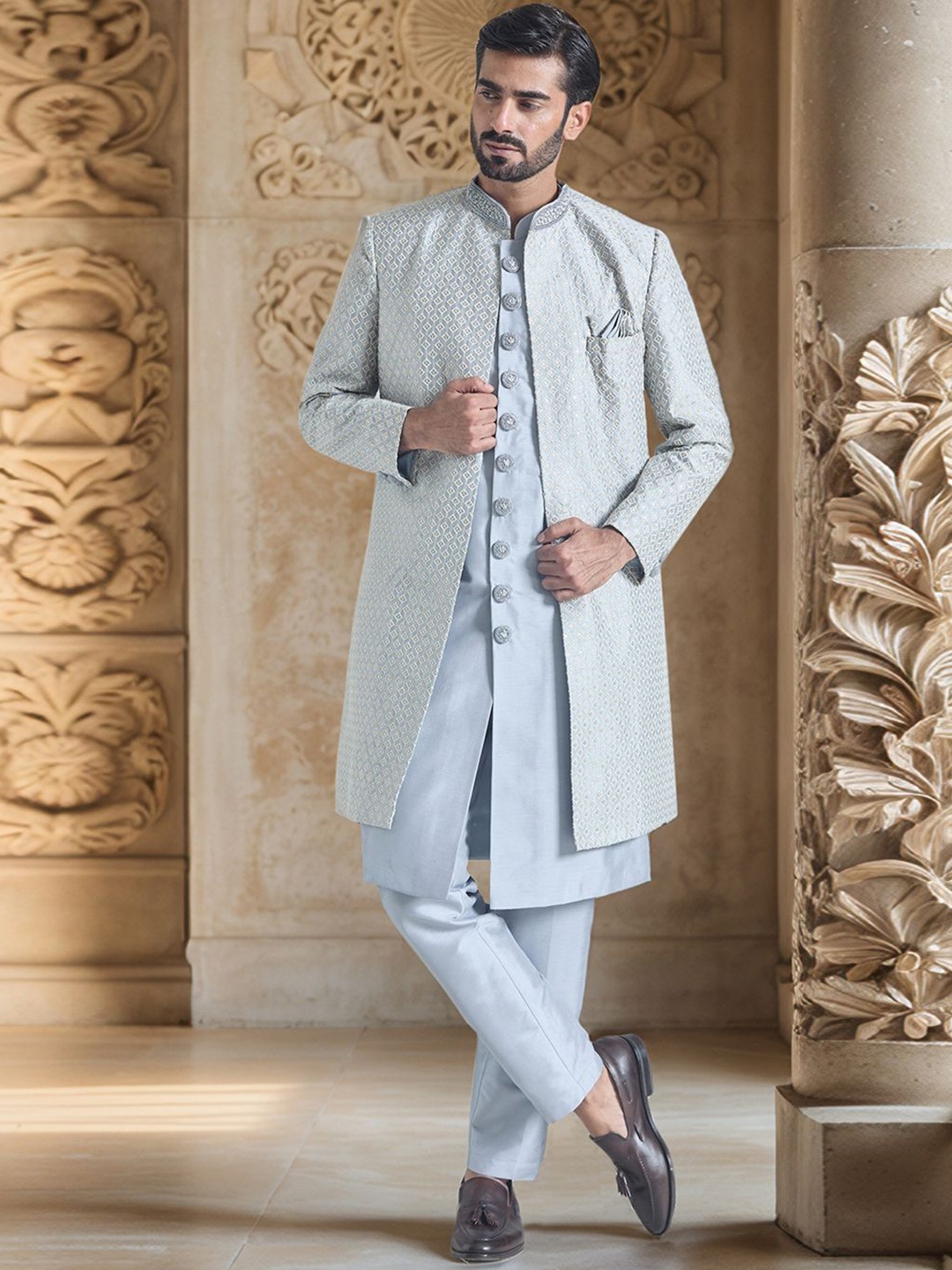 

Aryavir Malhotra Men Embroidered Diamond Vine Pure Silk Sherwani Jacket & Pant Set, Blue