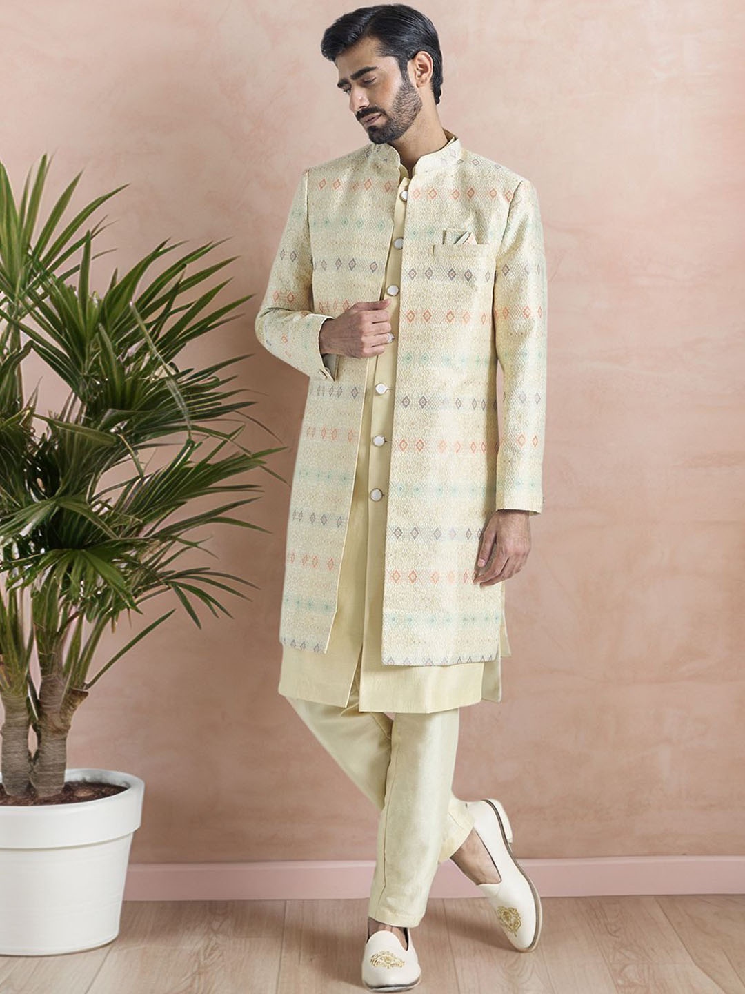 

Aryavir Malhotra Men Florin Jaal Embroidered Pure Silk Long Sherwani Set, Cream