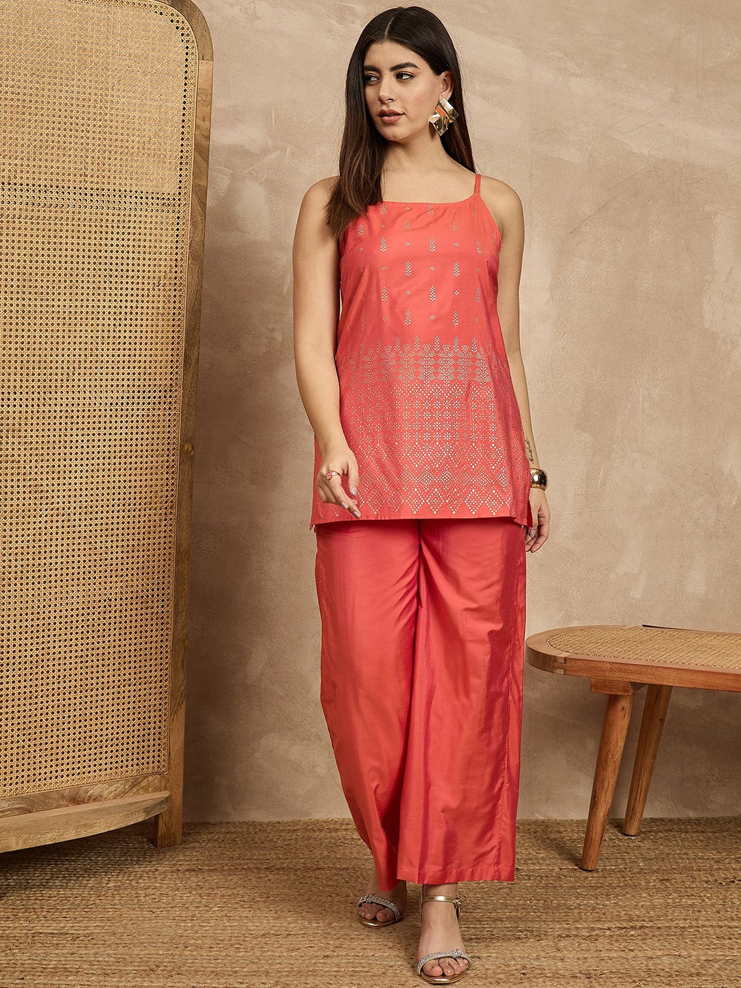 

House of Pataudi Printed Shoulder Straps Neck Sleeveless Tunic & Palazzo, Peach