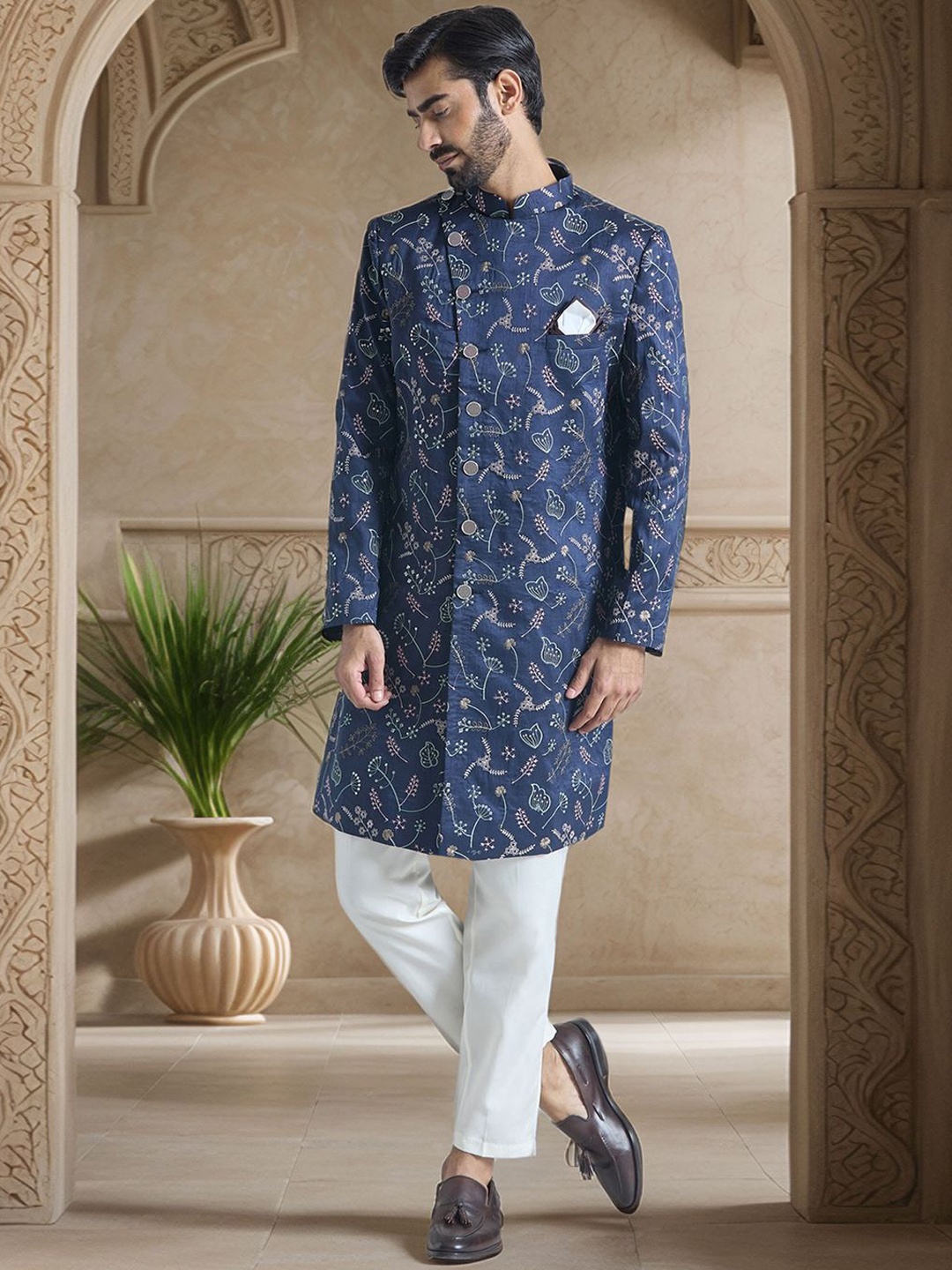 

Aryavir Malhotra Men Embroidery Pure Silk Mandarin Collar Sherwani Set, Blue