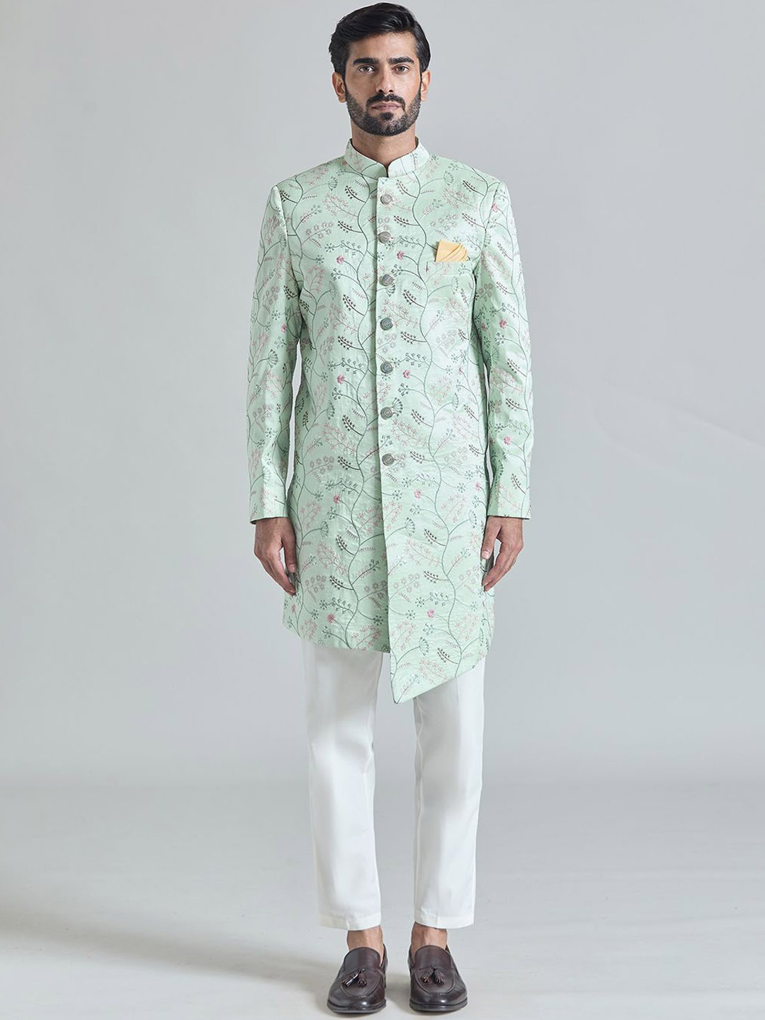 

Aryavir Malhotra Men Blossom Vine Embroidered Pure Silk Asymmetric Sherwani Set, Green