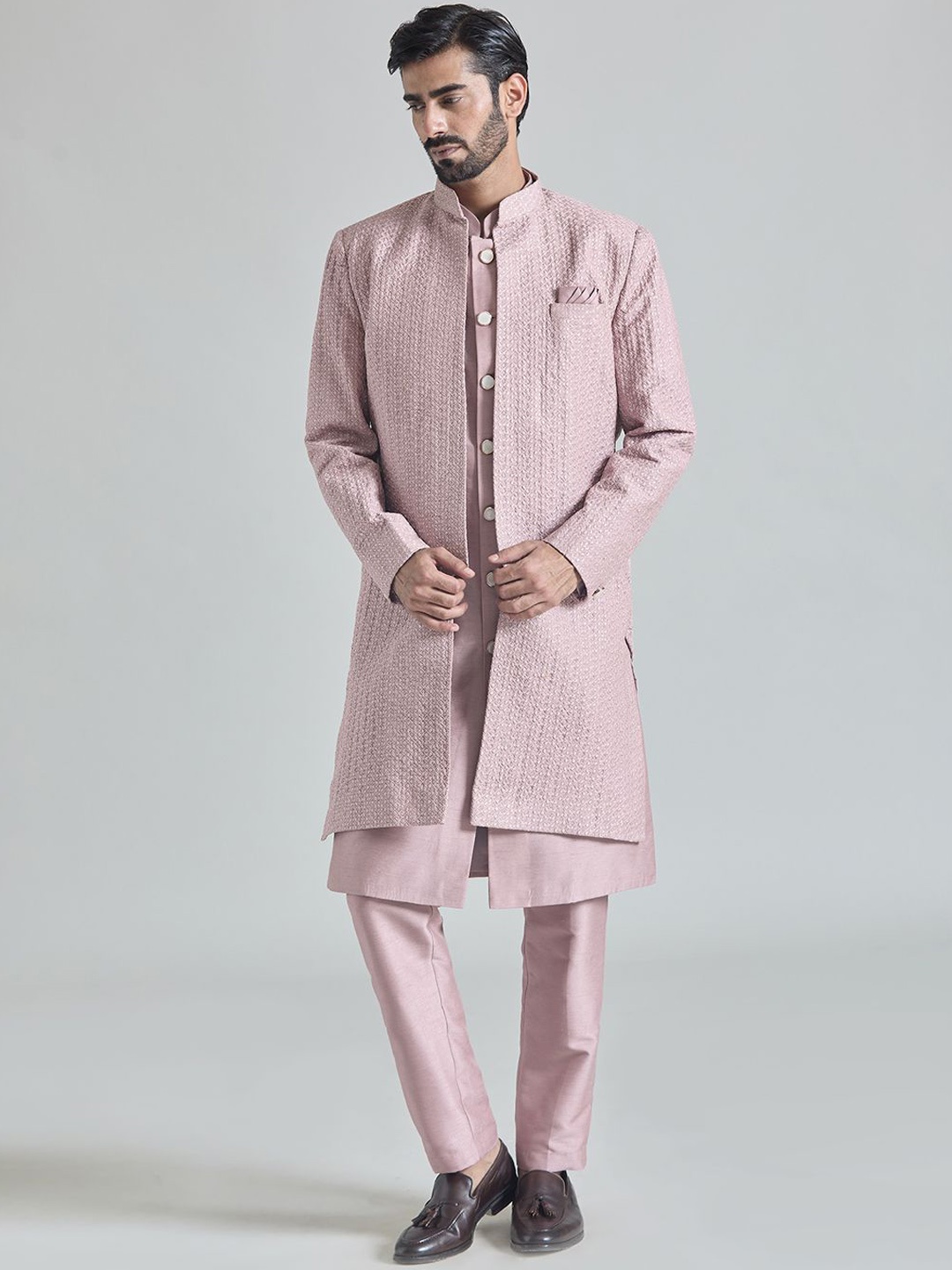 

Aryavir Malhotra Men Pure Silk Embroidered Phool Sherwani Set, Pink