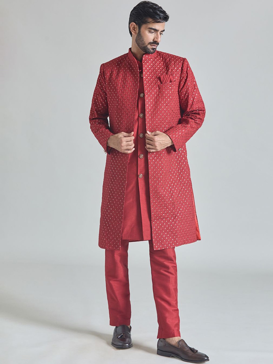 

Aryavir Malhotra Men Embroidered Pure Silk Mandarin Collar Sherwani Set, Red