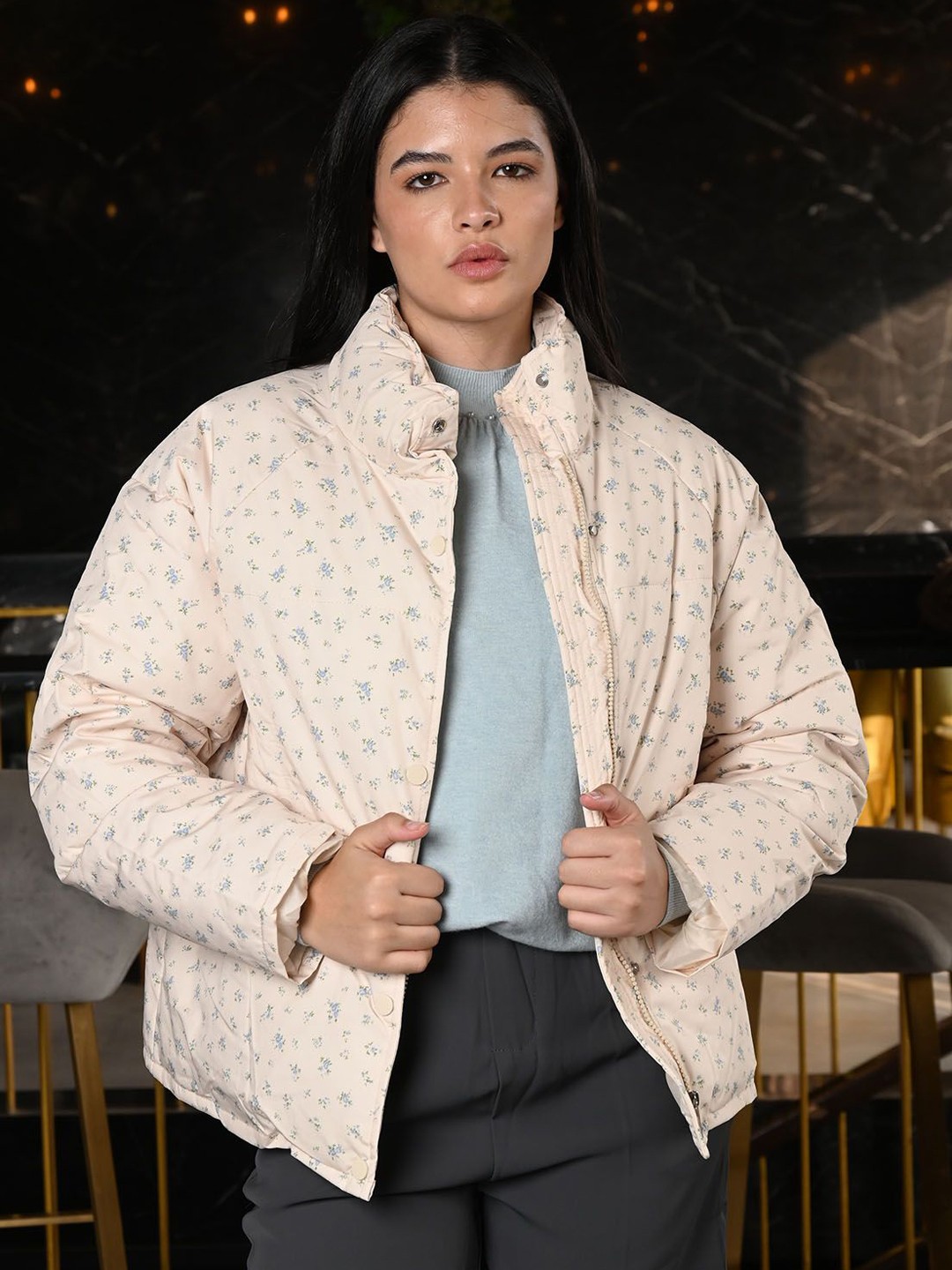 

ODETTE Women Longline Open Front Jacket with Patchwork, Off white