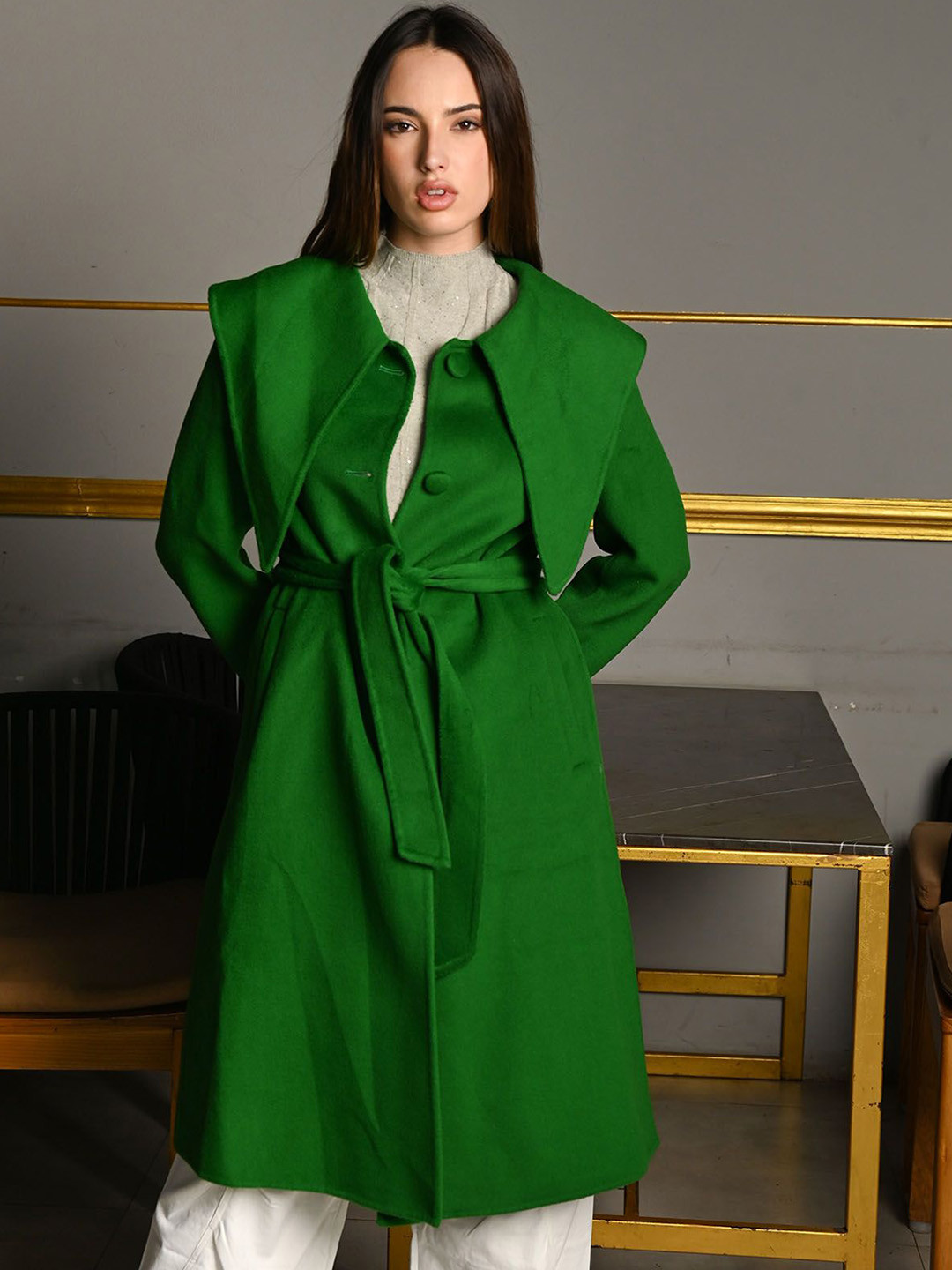 

ODETTE Women Striped Longline Tailored Jacket, Green