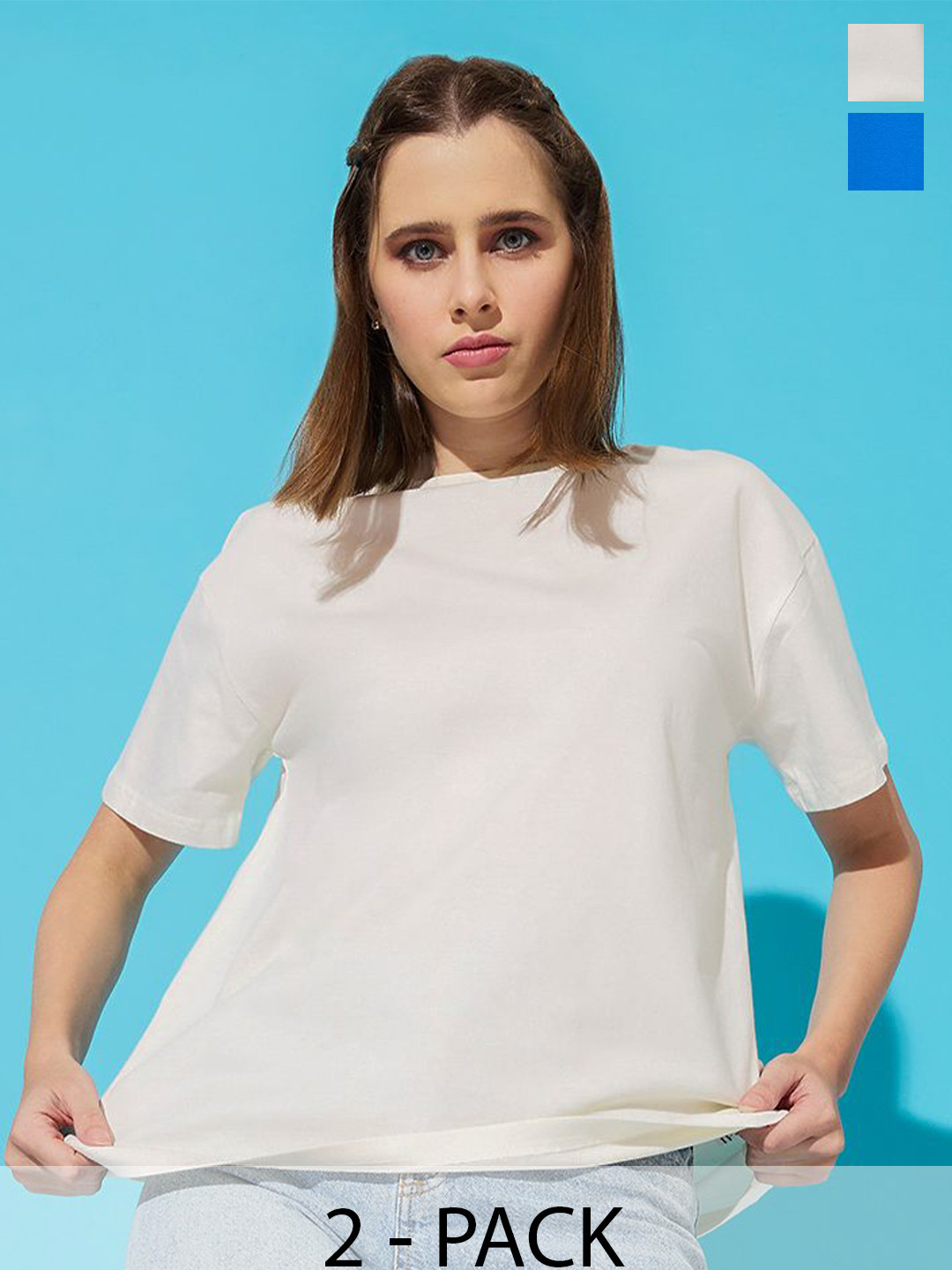 

The Roadster Lifestyle Co. Women Pack Of 2 Solid Round Neck Cotton Relaxed Fit T-shirts, Cream