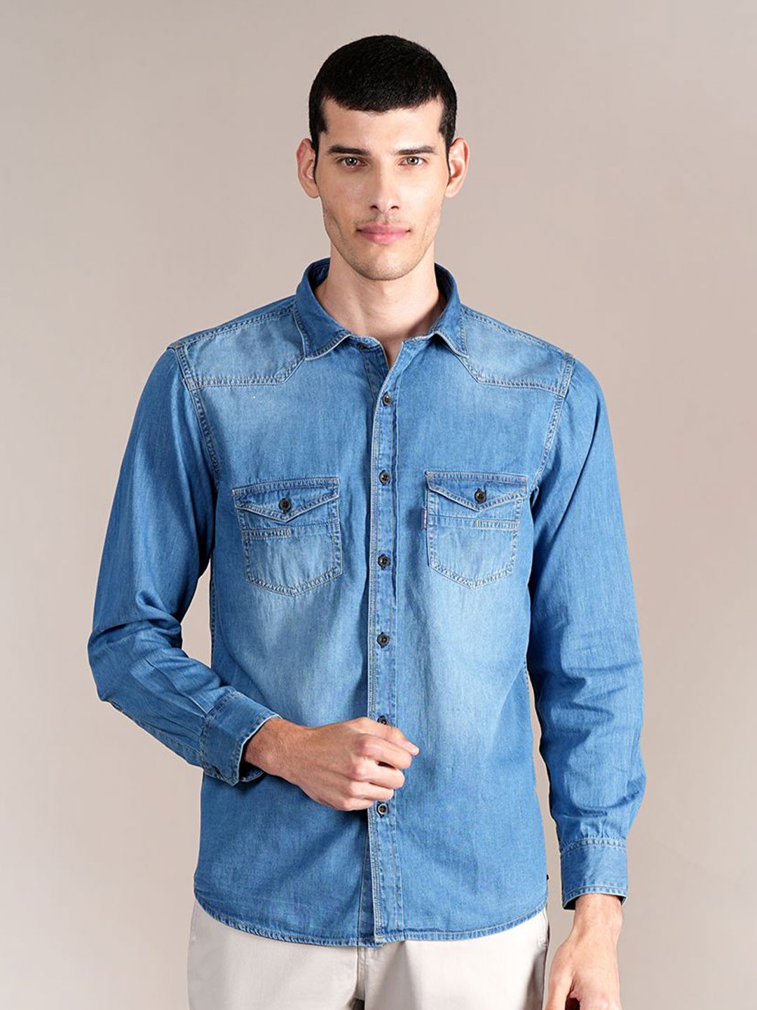 

Cantabil Men Spread Collar Solid Cotton Casual Shirt, Blue