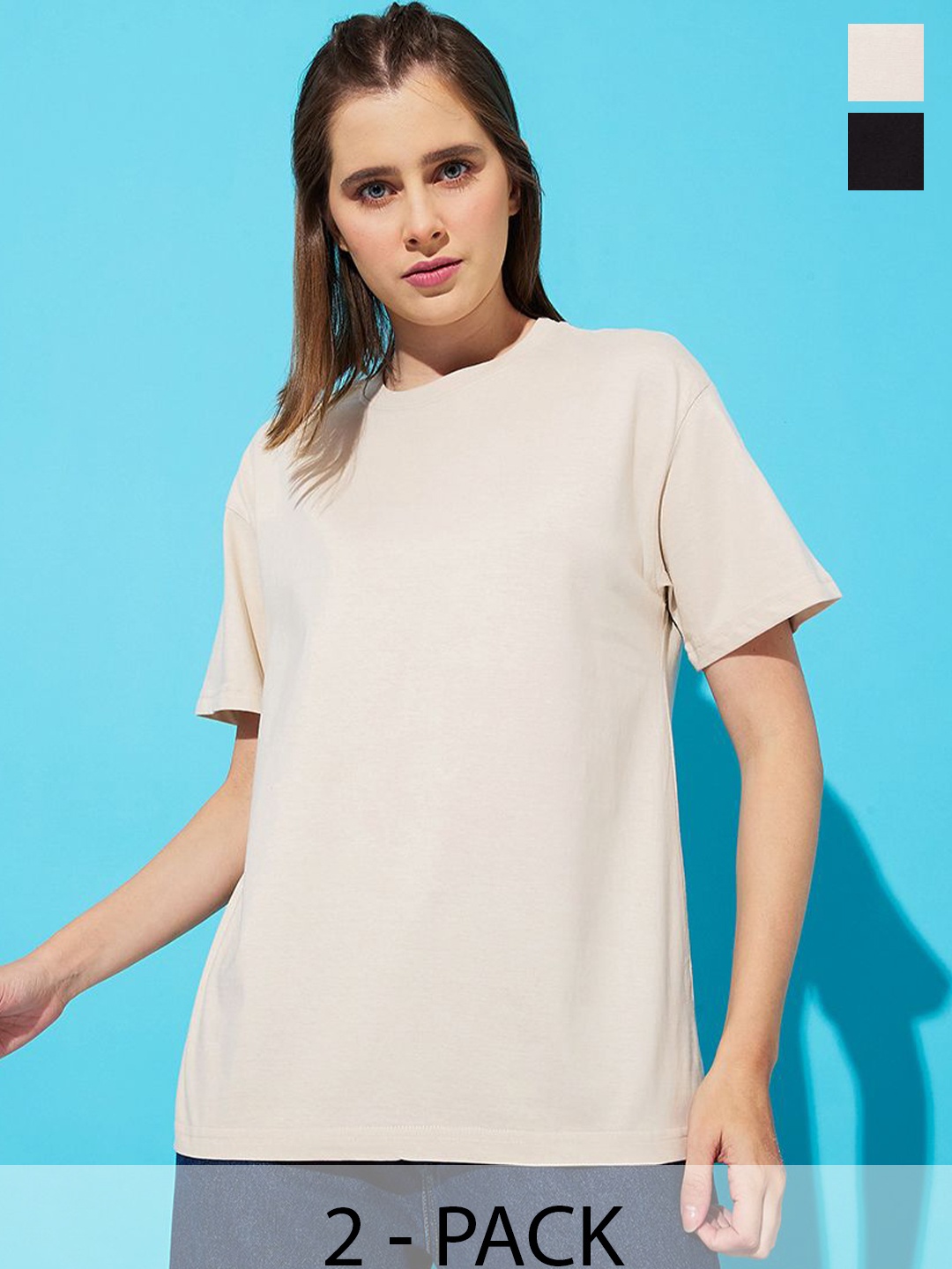 

The Roadster Lifestyle Co. Women Pack Of 2 Solid Round Neck Cotton Relaxed Fit T-shirts, Cream