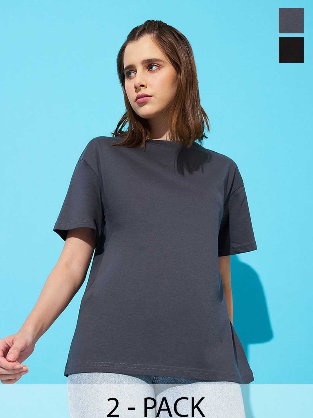 

The Roadster Lifestyle Co. Women Pack Of 2 Solid Round Neck Cotton Relaxed Fit T-shirts, Black